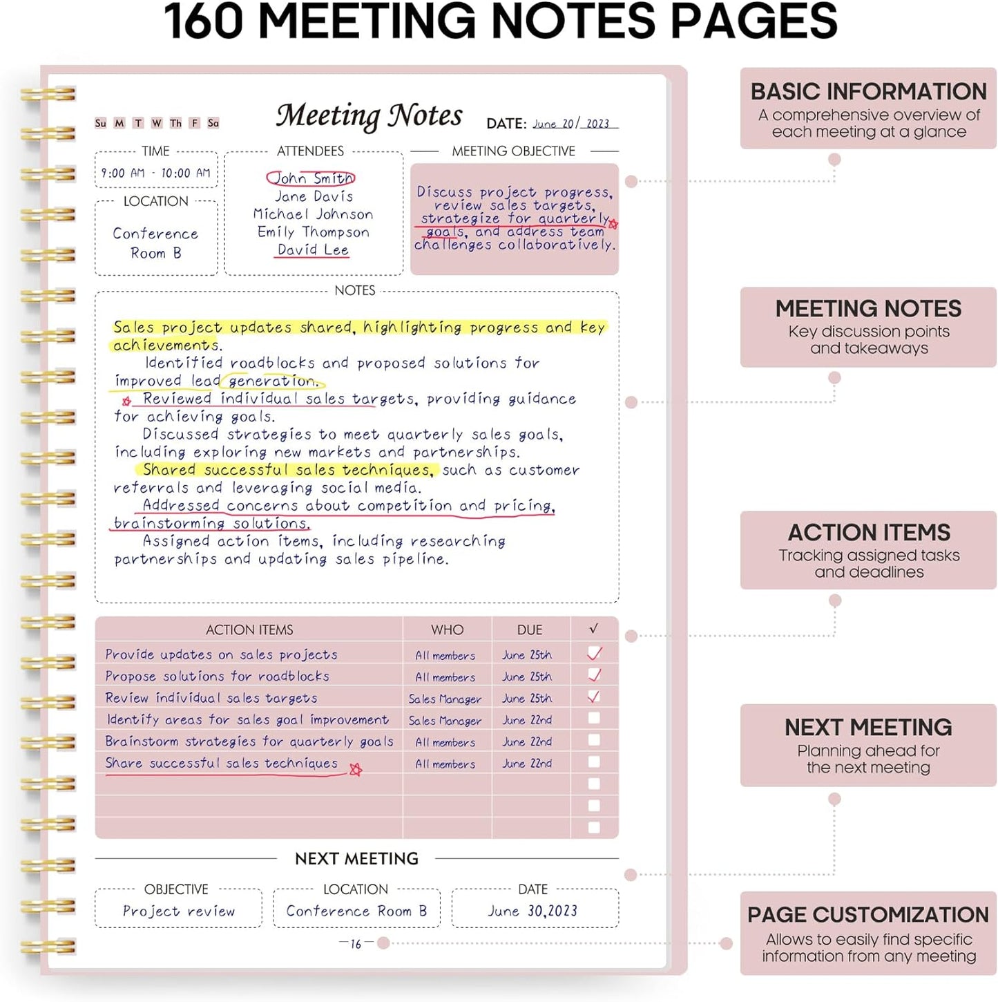 Taja Meeting Notebook for Work Organization - Work Planner Notebook with Action Items, Agenda Planner for Note Taking, 160 Pages (6.9" X 9.9") Project Organizer for Men & Women - Blue