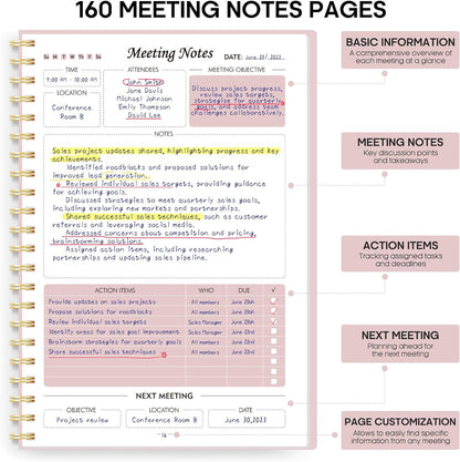 Taja Meeting Notebook for Work Organization - Work Planner Notebook with Action Items, Agenda Planner for Note Taking, 160 Pages (6.9" X 9.9") Project Organizer for Men & Women - Blue