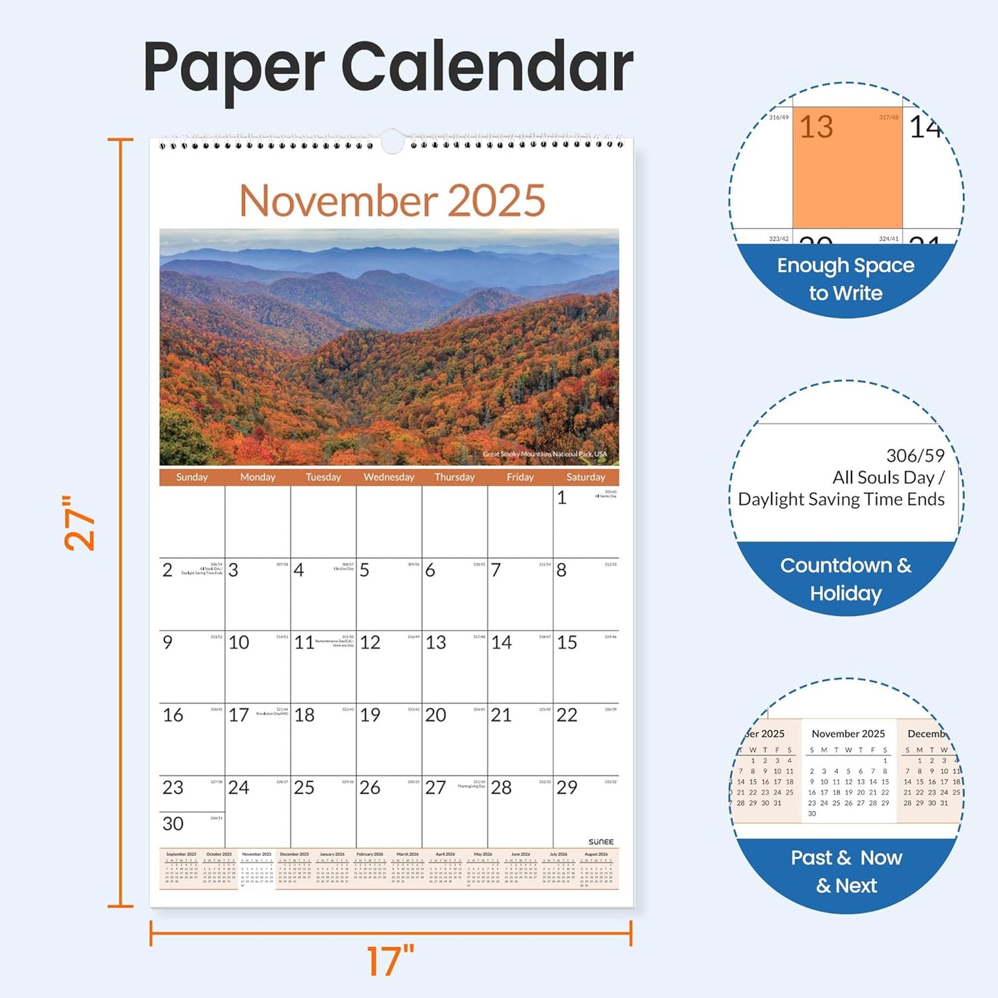 SUNEE 2026 Wall Calendar Large 22.75"x15.5", 21 Month Calendar (Ends December 2027), Vertical Extra Large, Seasons Color