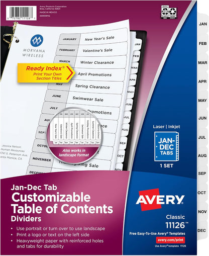 Avery Jan-Dec Dividers for 3 Ring Binders, 12 Tabs per Set, Customizable Table of Contents, Classic White Tabs, Great for Organizing Reports, Projects, and More (11126)