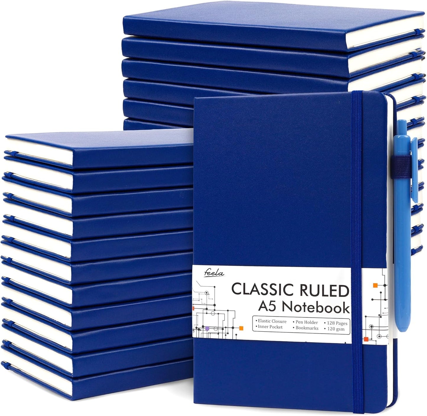 feela College Ruled Notebooks, 24 Pack Business Notebook Hardcover Lined Writing Journal with Pen Holder for Men Women Note Taking, with 24 Black Pens, 120 GSM, 5.1”x8.3”, A5, White