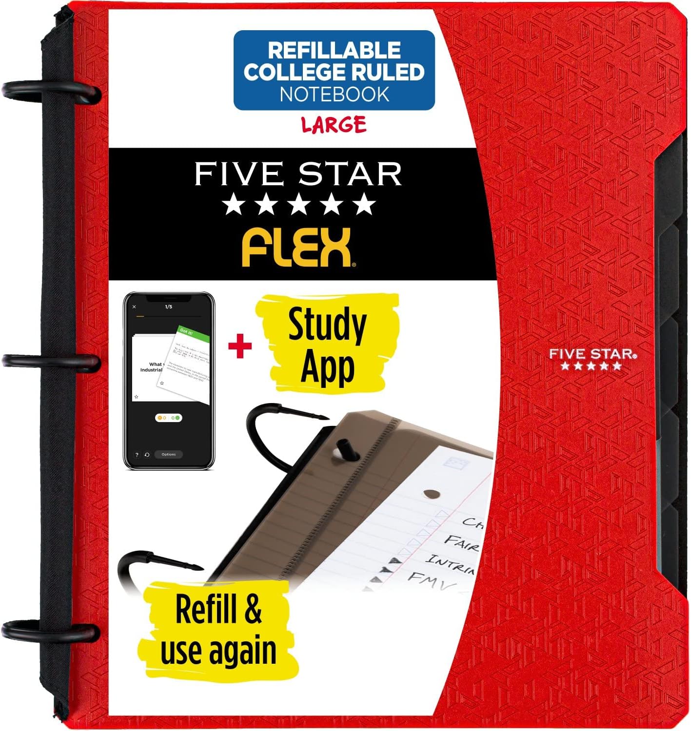 Five Star Flex Refillable Notebook + Study App 1 Inch O-Rings Binder with Pockets Tabs and Dividers, 220 Sheet Capacity, Includes 60 Sheets 8.5" x 11" College Ruled Paper, Prom Pink (293280R)