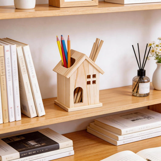 Rustic House Wood Pencil Holder,Unfinished Wooden Pen Holder for Homemade DIY Crafts Desk Accessories Decor,Multiple-Use pen Pencil Cup for Home School Office Supplies Storage