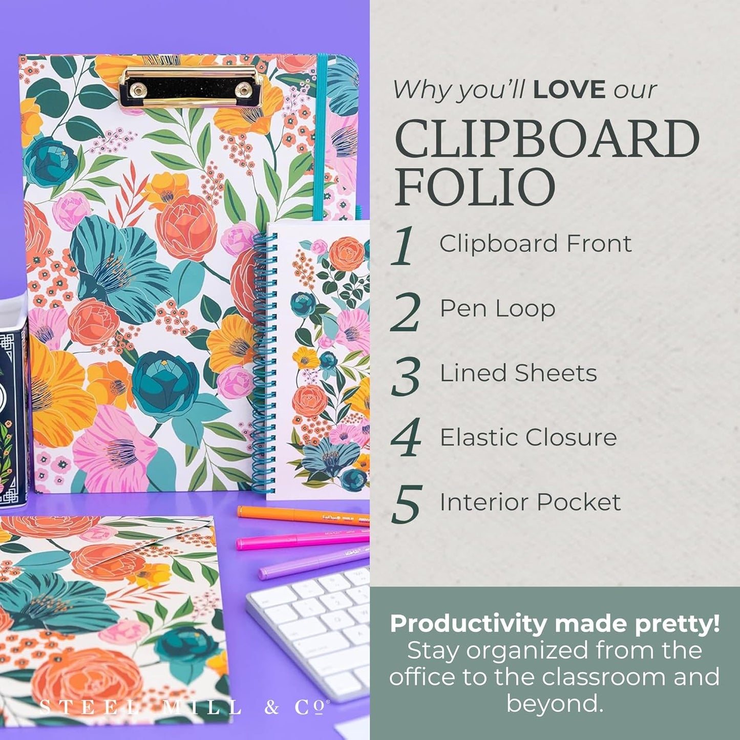 Steel Mill & Co Cute Clipboard Folio with Refillable Lined Notepad and Interior Storage Pocket, Floral Padfolio for Work, Garden Blooms Cream
