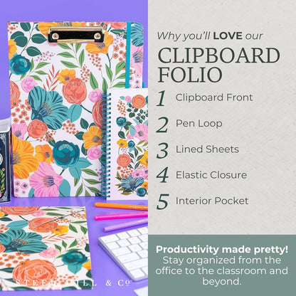 Steel Mill & Co Cute Clipboard Folio with Refillable Lined Notepad and Interior Storage Pocket, Floral Padfolio for Work, Garden Blooms Cream