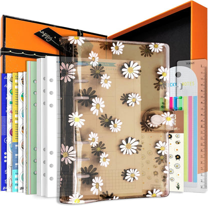 A6 A5 6-Holes Colorful PVC Cover Round Ring View Binder with Snap Button Closure File Folder for Loose Leaf Sheet Protectors Notebook Refill (Pink Daisy, A5 Mini Set) - Colors A