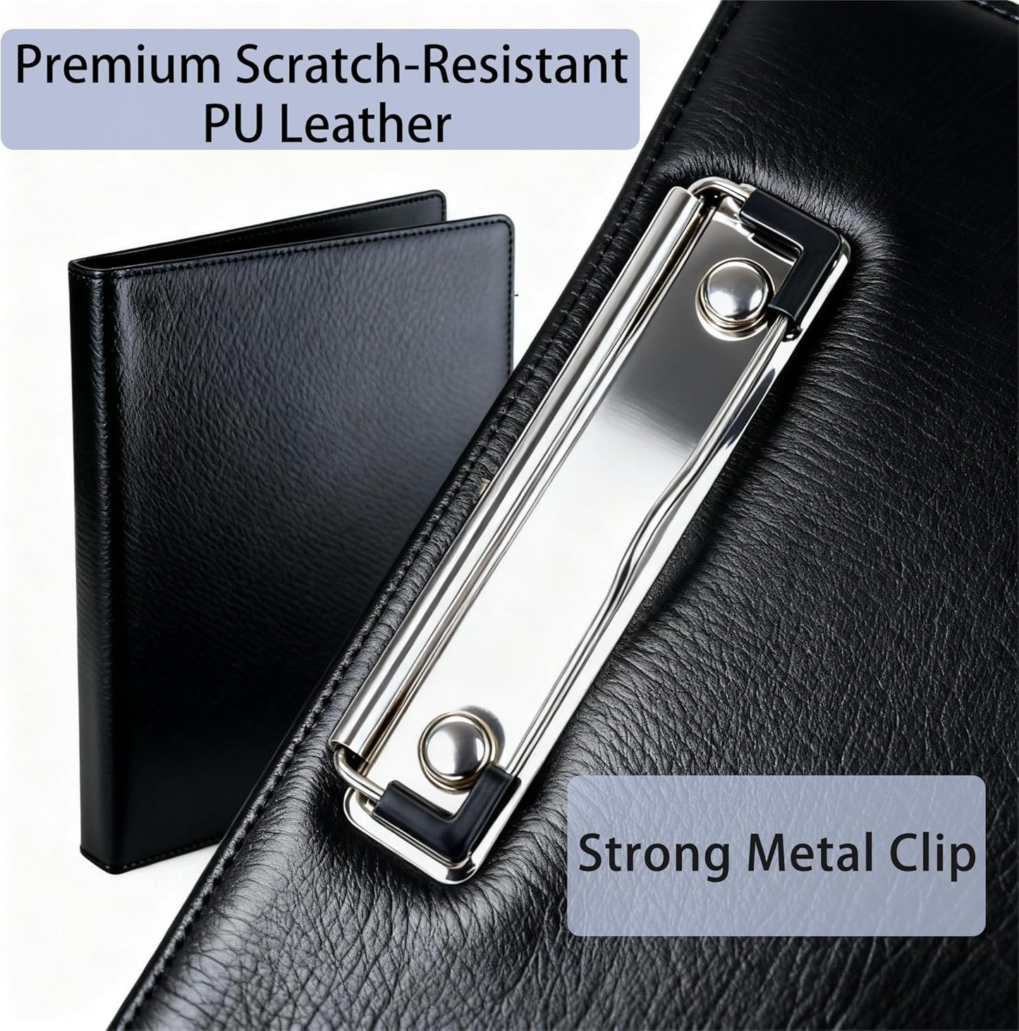 FXNT Professional A4 Clipboard Folder - PU Leather Padfolio Organizer with Clipboard, Business Portfolio for Resume, Documents, Meetings (Black)