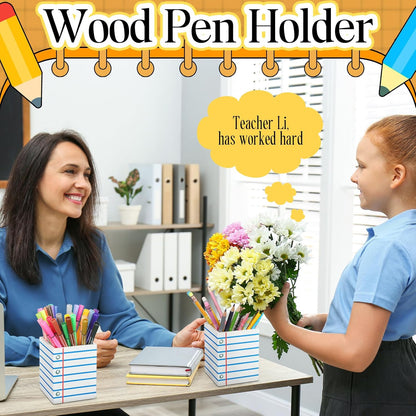 Sherr 2 Pcs Wood Pencil Holder for Teacher Pen Holders Teacher Appreciation Gifts Back to School Organizer Pencils Cup Wooden Dispenser Storage Organizer for Classroom Office Desk