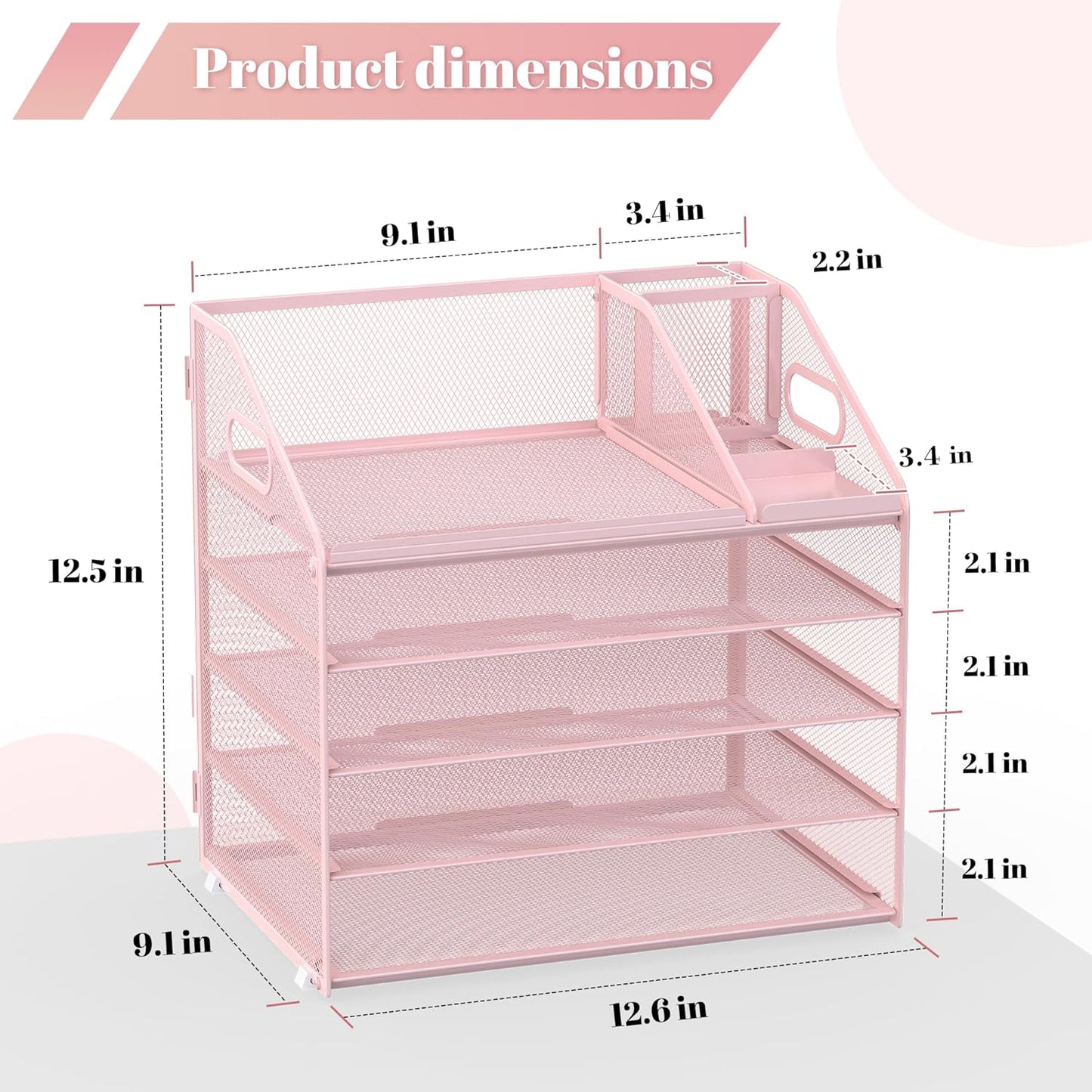 Letter Tray Paper, 4 Tier Desk Organizer with Pen Holder and Handle Mesh File Organizer Paper Sorter Metal Desktop Document Shelf for Office Home Classroom -Black