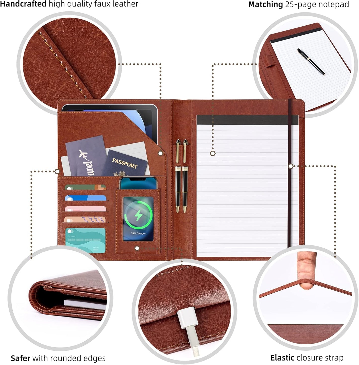 Clipboard Folio Folder Portfolio with Notepad-Pocket Business Card Holder Brown Faux PU Leather Portfolio