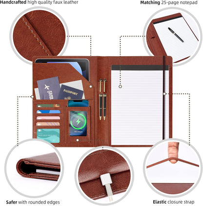 Clipboard Folio Folder Portfolio with Notepad-Pocket Business Card Holder Brown Faux PU Leather Portfolio