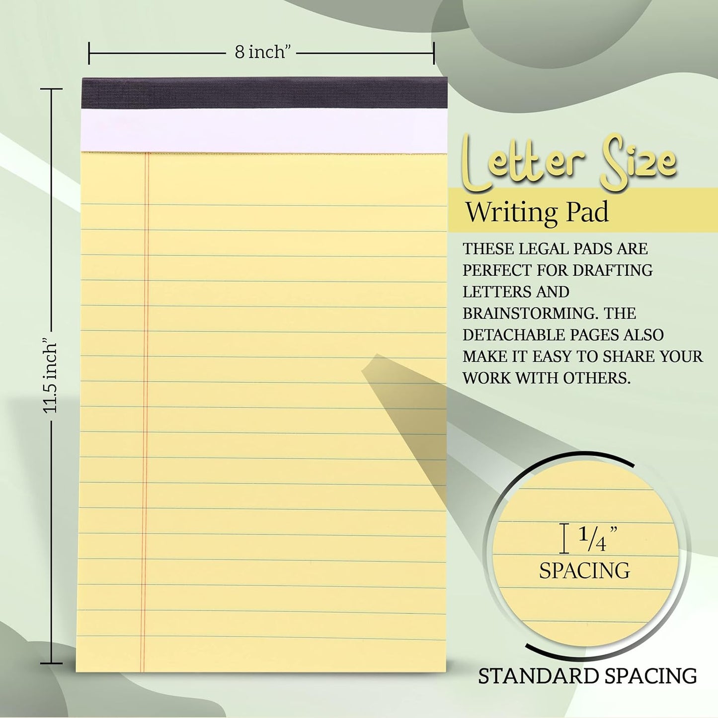 Yellow Legal Notepads 5x8, Pack of 6 - legal Ruled Writing Pad. Perforated Edge. Canary Yellow, Universal, Junior Size, 50 sheets per Pad. By Enday