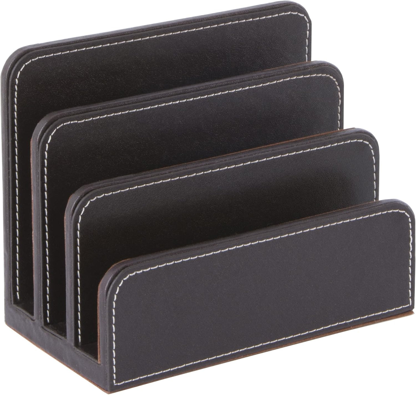 OSCO Black Faux Leather Letter Holder | Mail Sorter | Post Rack | Envelope Organiser | Document Stand | Desk File Storage | Display Slots | H14 x W17.5 D10 cm |