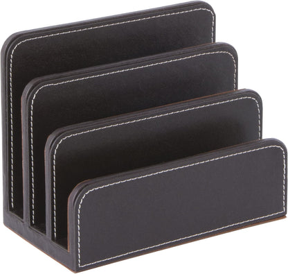 OSCO Black Faux Leather Letter Holder | Mail Sorter | Post Rack | Envelope Organiser | Document Stand | Desk File Storage | Display Slots | H14 x W17.5 D10 cm |