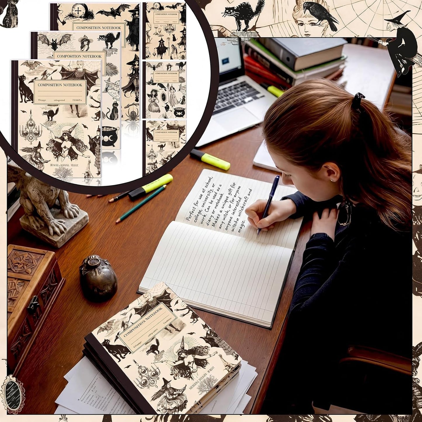 Colarr 6 Pcs Composition Notebook College Ruled Paper Vintage Decomposition Notebook 110 Page 7-1/2" x 9-1/4" Anatomy Medical Illustration Skull Skeleton Med Journal Radiology Tech Student (3,Witch)