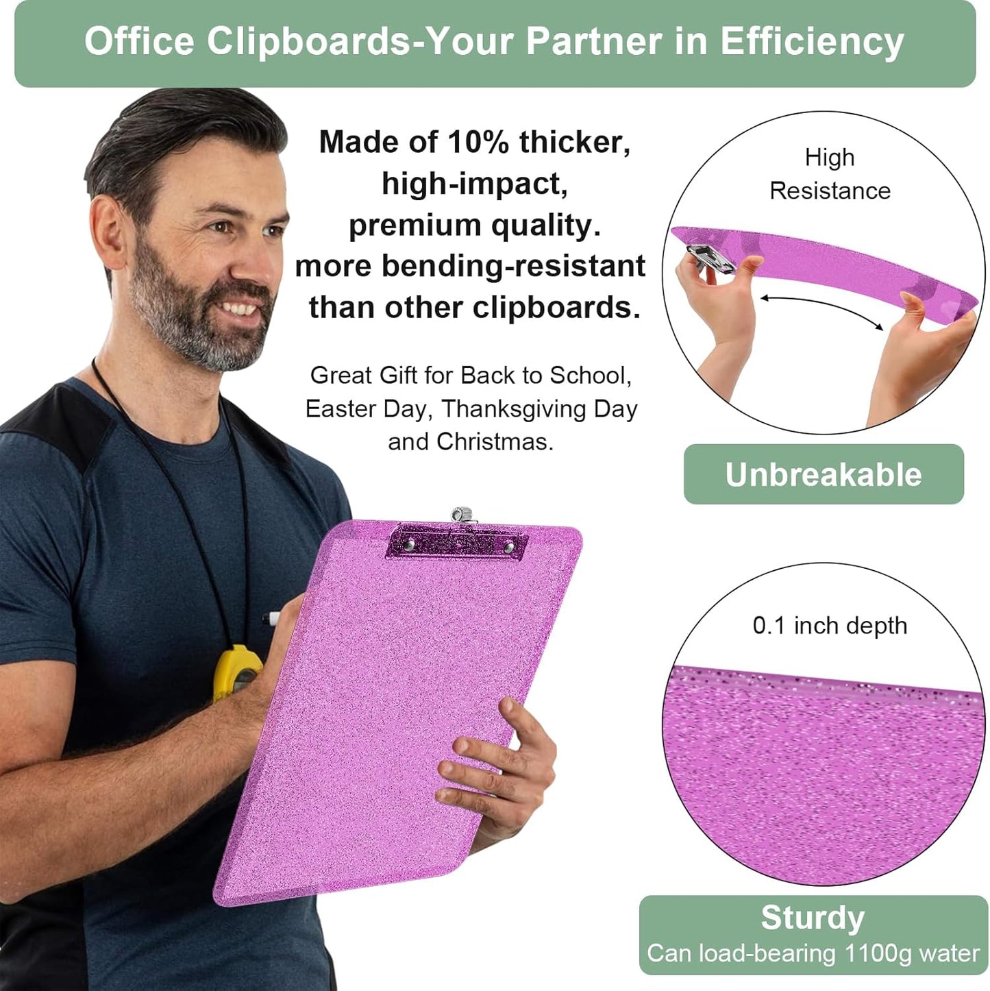 SFLHHDM 1 Pcs Clear Glitter Clipboards, Plastic Clipboard with Pen Holder, Size 8.85 x 12.4 in Shiny Clipboards with Low Profile Clip, Cute Hanging Clipboard for Office School Sparkly Clip Board-Pink