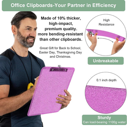 SFLHHDM 1 Pcs Clear Glitter Clipboards, Plastic Clipboard with Pen Holder, Size 8.85 x 12.4 in Shiny Clipboards with Low Profile Clip, Cute Hanging Clipboard for Office School Sparkly Clip Board-Pink