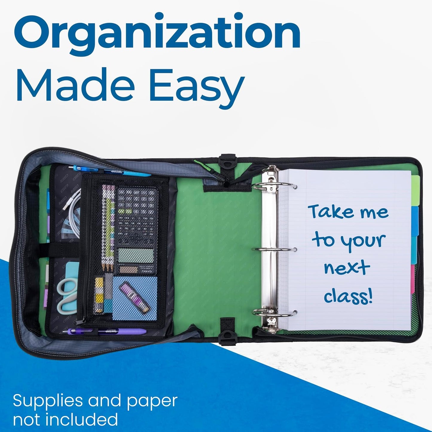 Case-it Mighty Zip Tab School Zipper Binder | 3-Inch O-Rings, 600-Sheet Capacity, 5-Subject Expanding File Folder, Multiple Pockets & Storage Organizer, Shoulder Strap | D-146 Jet Black