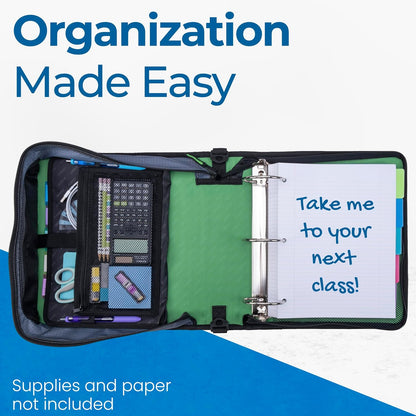 Case-it Mighty Zip Tab School Zipper Binder | 3-Inch O-Rings, 600-Sheet Capacity, 5-Subject Expanding File Folder, Multiple Pockets & Storage Organizer, Shoulder Strap | D-146 Jet Black