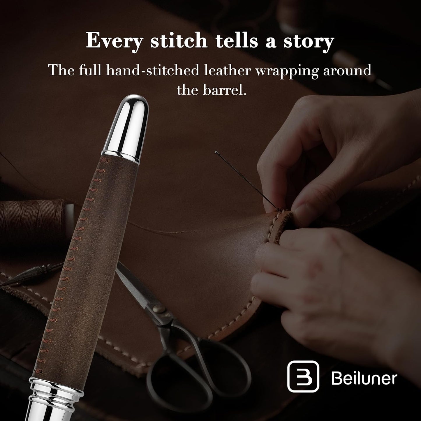 BEILUNER 318 Luxury Leather Pen, Hand-Stitched Premium Leather, Chrome-Plated Finish, Schmidt Ink Refill, Best Rollerball Pen Gift for Men & Women, Refillable, Executive Writing, Nice Pens