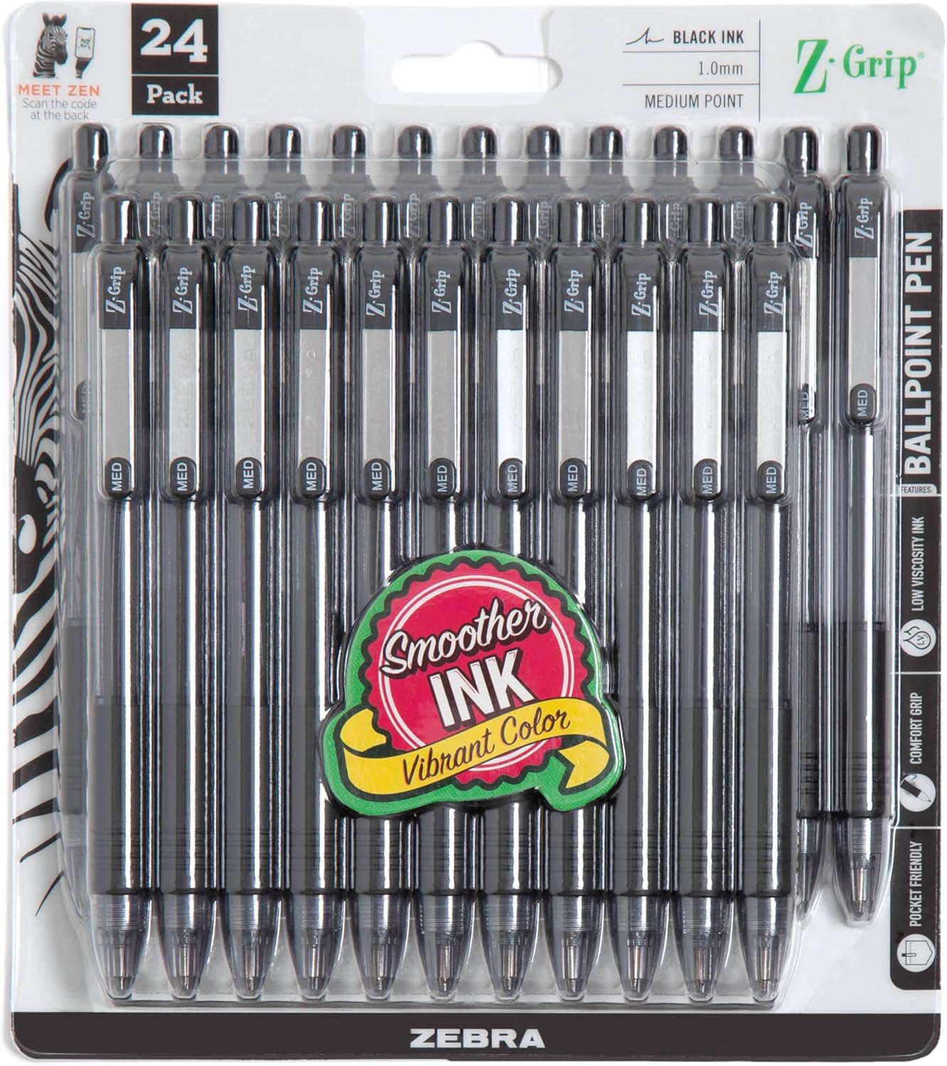 Zebra Pen Z-Grip Retractable Ballpoint Pen, Smooth-Flowing Black Ink, 1.0mm Medium Point, School & Office Supplies, Ideal for Note-Taking, Journal and Planner Use, 18-Pack (22218)