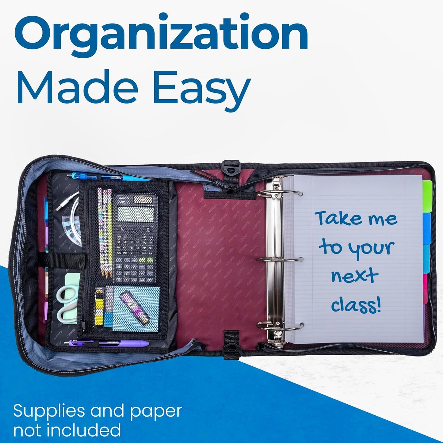 Case-it Mighty Zip Tab School Zipper Binder | 3-Inch O-Rings, 600-Sheet Capacity, 5-Subject Expanding File Folder, Multiple Pockets & Storage Organizer, Shoulder Strap | D-146 Jet Black