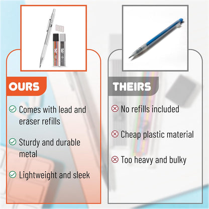 Mr. Pen- Metal Mechanical Pencil Set with Lead Refills & Erasers, 2mm, HB & Colored Lead Refills, 4x Eraser Refills for School Supplies, Note Taking, Drawing, Sketching, Office