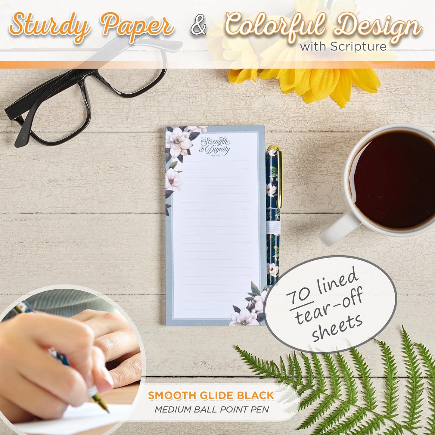 Christian Art Gifts Compact Magnetic Notepad & Medium Ballpoint Pen Set: Trust in the Lord Inspirational Scripture, Shopping Lists, Memos, Reminders, 70 Lined Easy Tear-off Sheets, Purple/Teal Floral