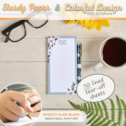 Christian Art Gifts Compact Magnetic Notepad & Medium Ballpoint Pen Set: Trust in the Lord Inspirational Scripture, Shopping Lists, Memos, Reminders, 70 Lined Easy Tear-off Sheets, Purple/Teal Floral