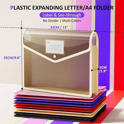 ThinkTex Plastic Expanding File Folder, Transparent Envelopes with Snap Closure, No Dividers, Large Capacity, Assorted Colors, Fits Letter / A4 Size - 5 Pack