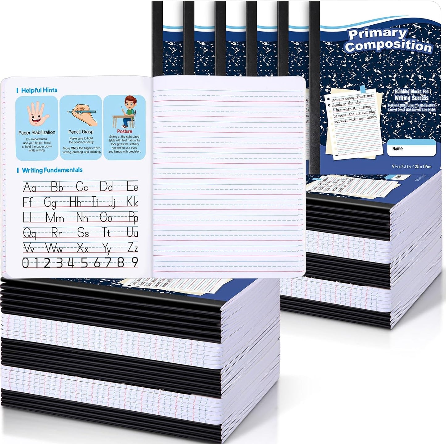 Watersay 30 Pack Primary Ruled Composition Notebook, Grade K-2 Journal 50 Sheets, 7-1/2" x 9-3/4" Primary Composition Book Writing Notebook for Kids Kindergarten Preschool 1st 2nd Grad (Multicolor)