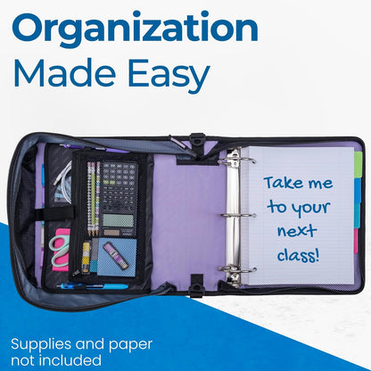 Case-it Mighty Zip Tab School Zipper Binder | 3-Inch O-Rings, 600-Sheet Capacity, 5-Subject Expanding File Folder, Multiple Pockets & Storage Organizer, Shoulder Strap | D-146 Jet Black
