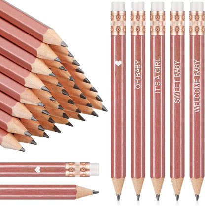 Crtiin 50 Pieces Baby Shower Pencils for Activities Mini Golf Half Pencils, Presharpened with Erasers, 4 Inch(Wood Color,Simple Style)