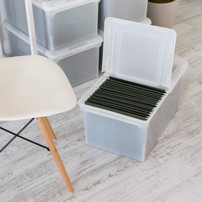 IRIS USA File Box, File Organizer w/Hinged Split Lid for Letter File, Important Document Box, Plastic Storage Filing Bin for Moving, Stackable Nestable Portable, Pearl 44 Qt. 4 Pack
