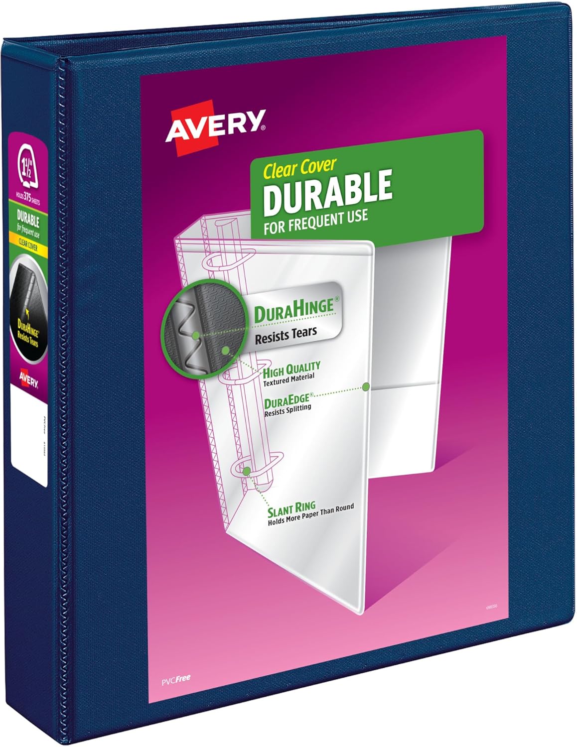 Avery Durable View 3 Ring Binders, 1.5 Inch Slant Rings, 375-Sheet Capacity, DuraHinge, 2.1 Inch Wide Spine, Customizable Clear Covers and Spine, 1 Blue Binder (17024)