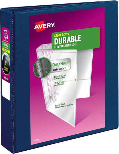 Avery Durable View 3 Ring Binders, 1.5 Inch Slant Rings, 375-Sheet Capacity, DuraHinge, 2.1 Inch Wide Spine, Customizable Clear Covers and Spine, 1 Blue Binder (17024)