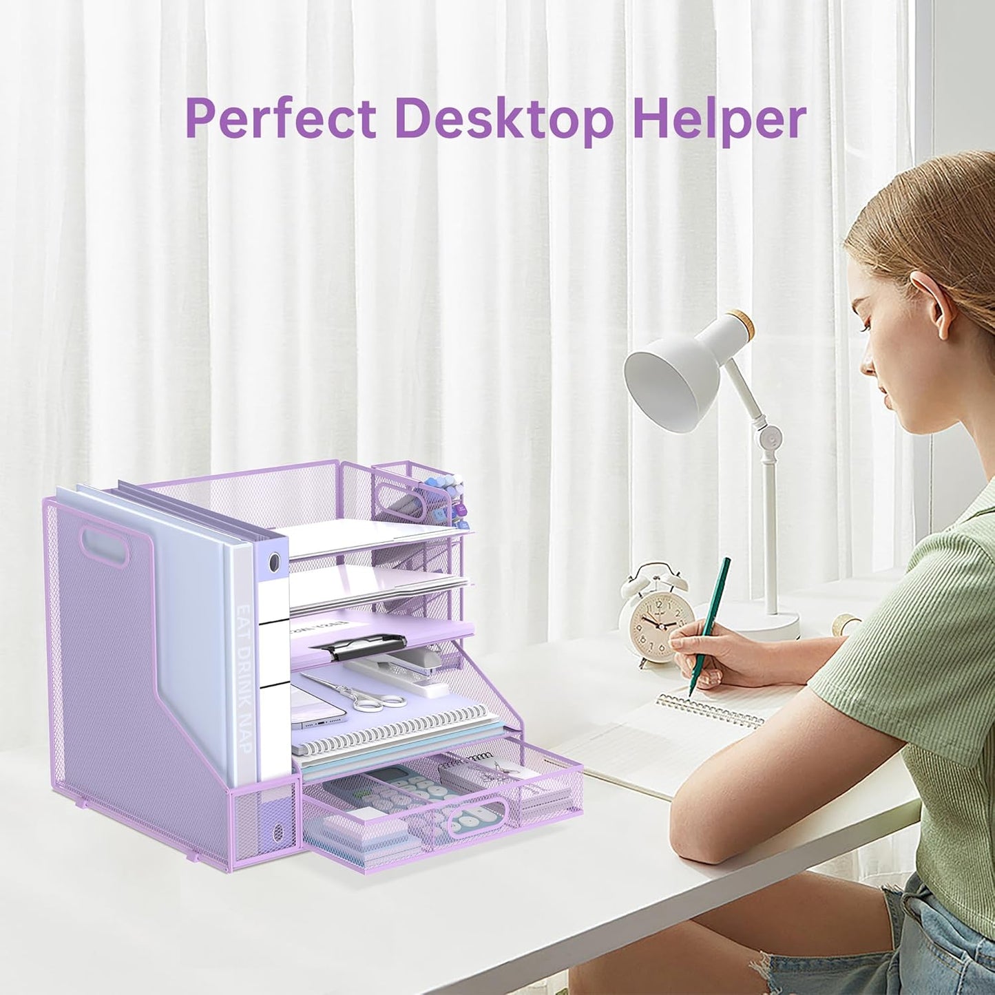 SUPEASY Desk Organizer with File Holder, 5-Tier Mesh Paper Letter Tray Organizer with Pen Holder and Drawer, Desktop Organizer and Storage with 3 Tilted File Sorter for Office Supplies, Blue