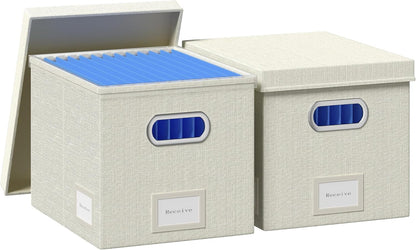 File Organizer Box - File Boxes for Hanging Files with Lid Set of 2 Decorative Hanging Folders Letter Size Organizer with One-Piece Plastic Frame Slides (Grey, 13.2 * 10.1 * 10.1in(2Pack))