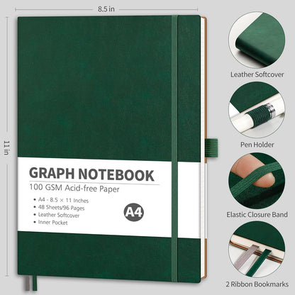 RETTACY Graph Grid Paper Notebook, 96 Pages, A4 Large Size (8.5'' x 11''), 5 Squares per Inch, Leather Softcover, 100 GSM Thick Paper, for School, Students, Math, Engineering (Navy Blue)
