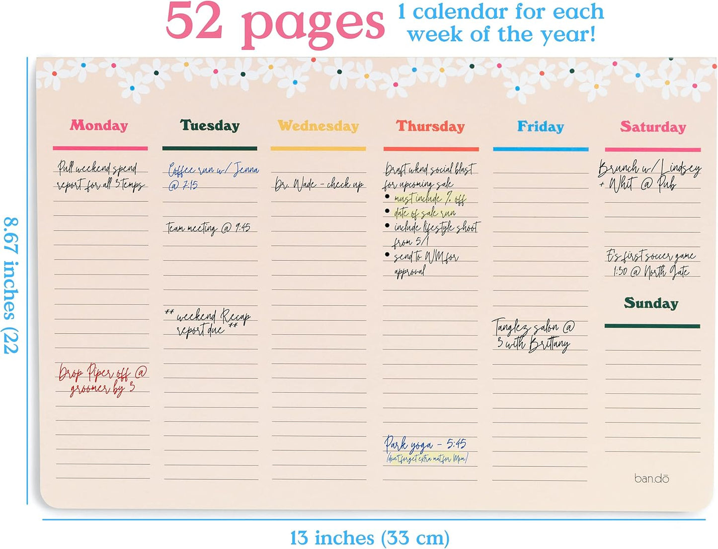 ban.do Weekly Planner Notepad, Desk Planner/Calendar Pad with 52 Sheets, Undated Weekly Desktop Calendar/Agenda (Pink/Green)