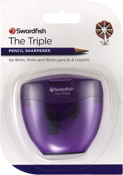 Swordfish ‘The Triple’ Three Hole Pencil Sharpener with Mess-Free Canister [Pack of 1] 8-16 mm [40228s], Purple