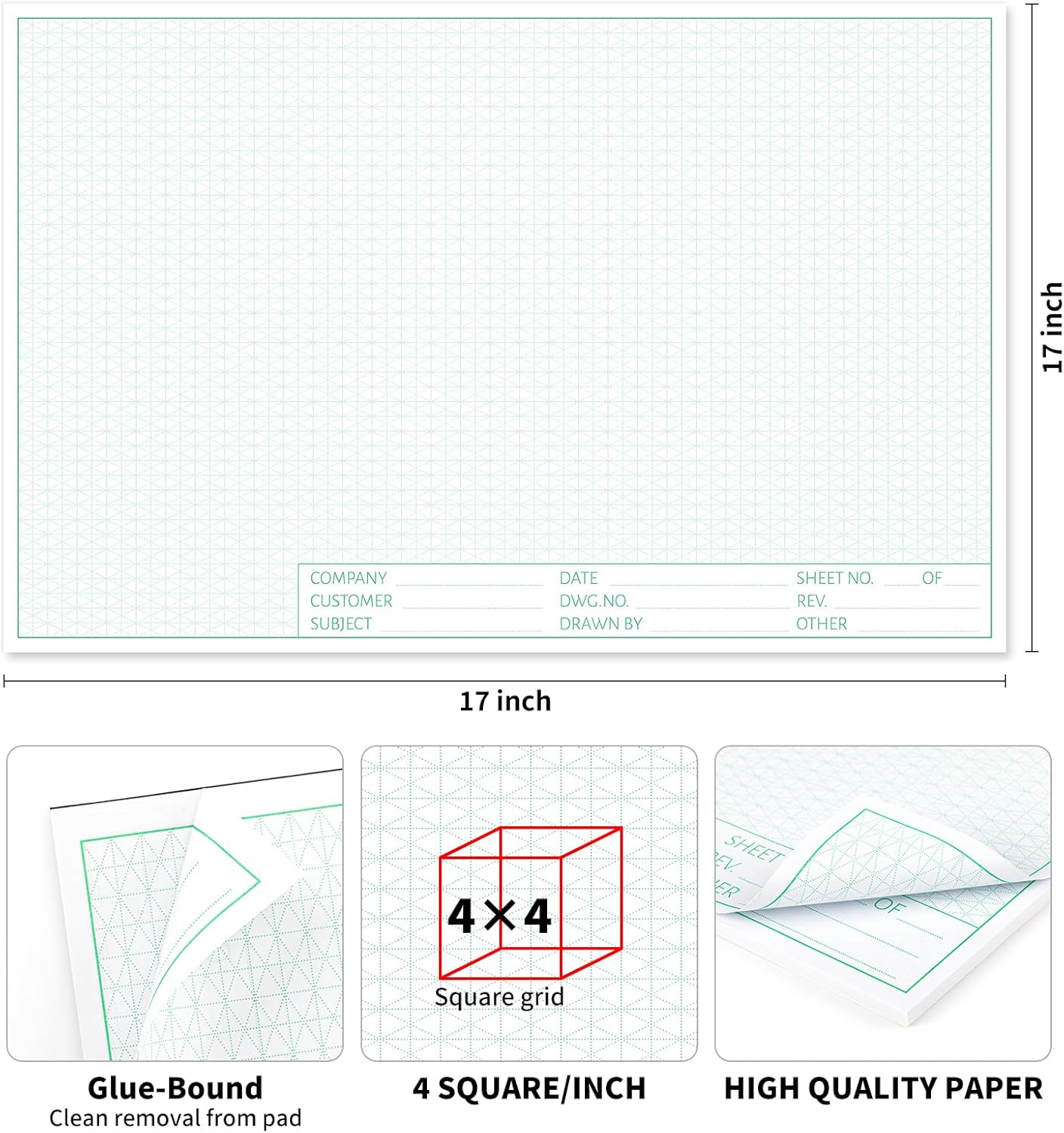 Graph Paper Notebook, 2 Pack, 8.5 x 11 Grid Paper, 4x4 Graph Ruled, 50 Sheets per Pad, Easy-Tear Perforations, 8.5 x 11 Cardboard Backing, for Math, Drafting, Drawing, Engineering