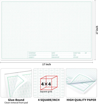 Graph Paper Notebook, 2 Pack, 8.5 x 11 Grid Paper, 4x4 Graph Ruled, 50 Sheets per Pad, Easy-Tear Perforations, 8.5 x 11 Cardboard Backing, for Math, Drafting, Drawing, Engineering