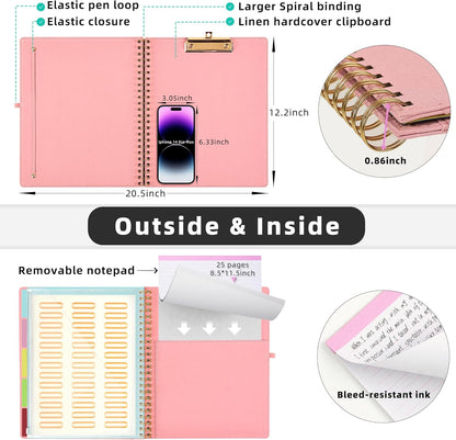 Ospelelf Foldable Spiral Clipboard Folio with Storage Zipper Pouch, 5 Plastic Folders with 10 Pockets,Refillable Lined Notepad (11" x 8.5"), Hardcover Project Organizer with 39 Stickers (Purple)