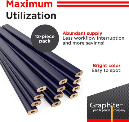 GRAPHITE Hard Lead Carpenter Pencils Bulk - (1) Pack of 12 Pieces Lumber Wooden Pencil #2 (HB) - Red