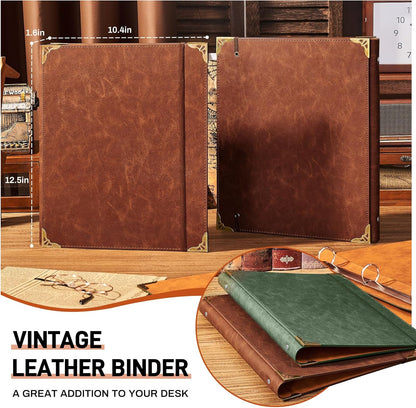 Ovesmusl Leather 3 Ring Binder 1 Inch Round Ring Binder Fits 200 Sheets 8.5"x11" Letter Size Paper, Wedding Family History Notebook Cover Loose Leaf Organizer, Brown
