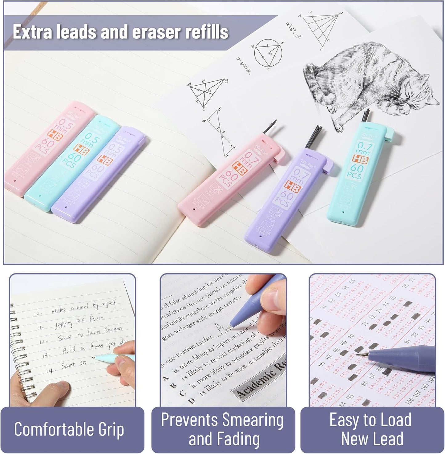 Mr. Pen- Pastel Mechanical Pencil Set with Lead Refills & Erasers, 6 Pack, 2 Sizes, 0.5 & 0.7mm, 6x Tubes HB Lead Refill, 3x Erasers for School Supplies, Note Taking, Drawing, Sketching, Office