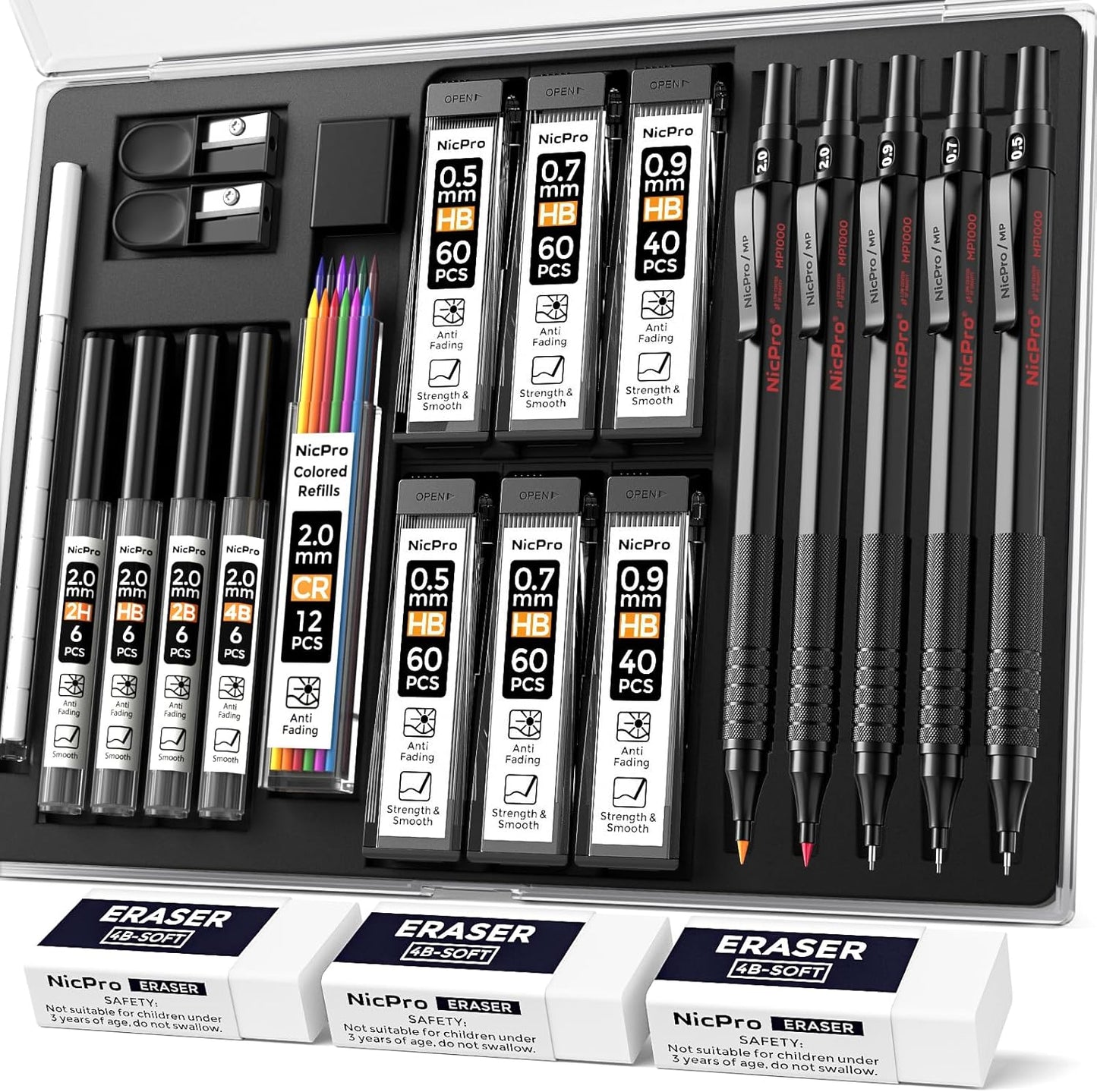 Nicpro Black Art Mechanical Pencil Set, 5PCS Metal Drafting Pencils 0.3, 0.5, 0.7, 0.9 mm & 2mm Graphite Lead Holder For Sketching Drawing With 9 Tubes (4B 2B HB 2H Colors) Lead Refills Erasers Case