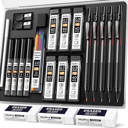 Nicpro Black Art Mechanical Pencil Set, 5PCS Metal Drafting Pencils 0.3, 0.5, 0.7, 0.9 mm & 2mm Graphite Lead Holder For Sketching Drawing With 9 Tubes (4B 2B HB 2H Colors) Lead Refills Erasers Case