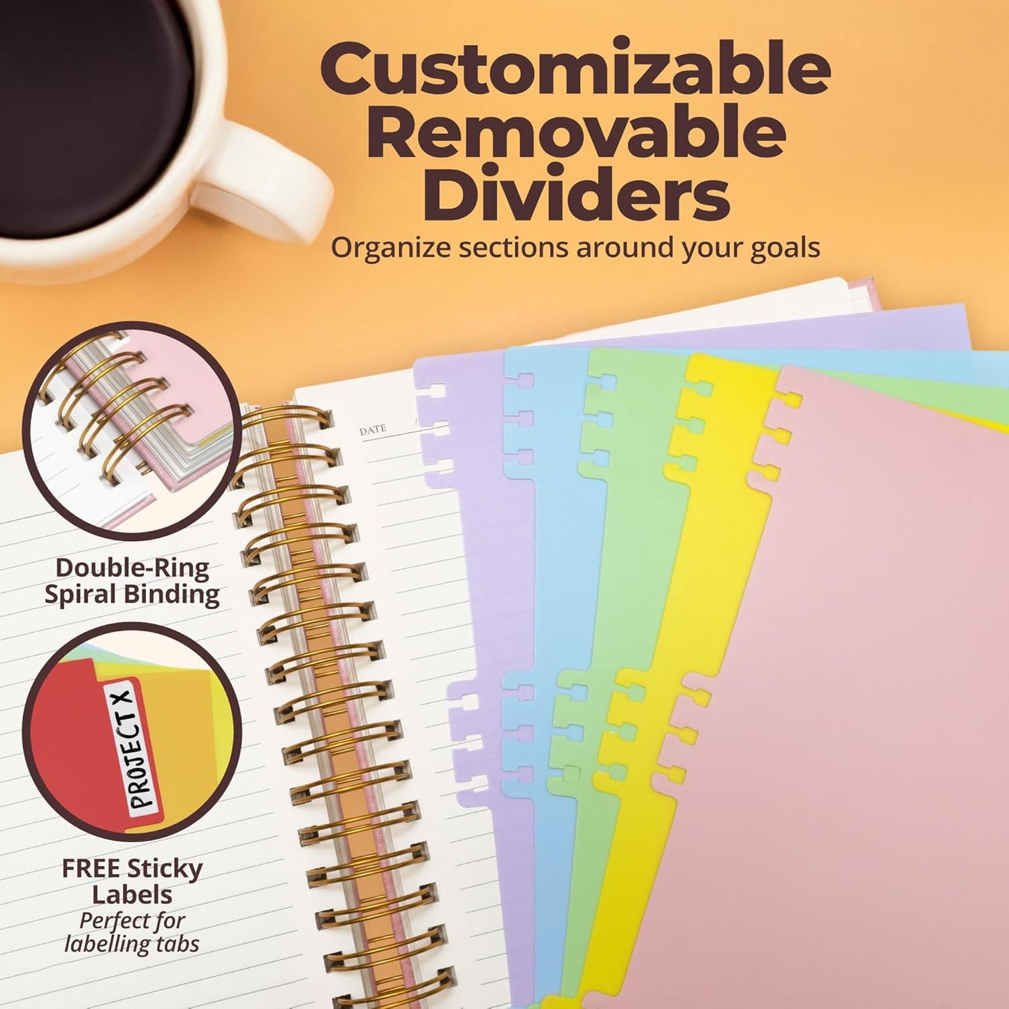 Hardcover Leather Lined Spiral Notebook 8x10" with Removable Dividers - Black - 300 Pages 5 Subject College Ruled Notebook for Work with Tabs, Pockets, and Pen Loop for Note Taking, Large Journal